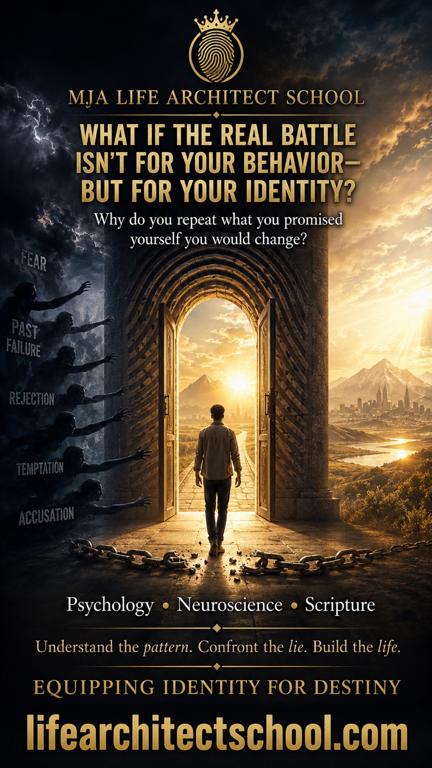 A person walking through an open doorway from accusation and fear into a bright future