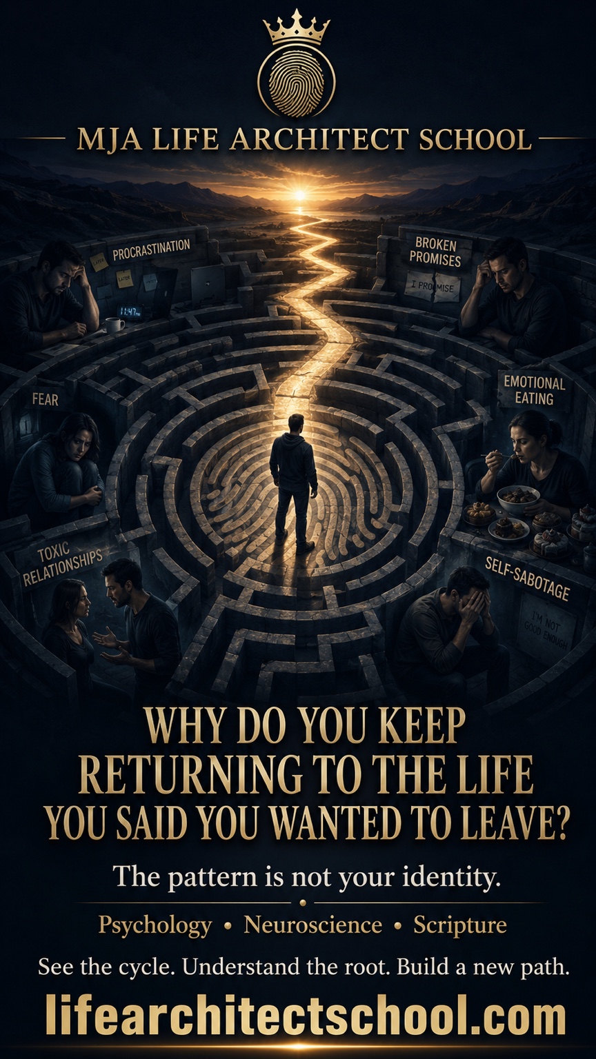 A person standing in a maze of repeated struggles while a golden path leads toward sunrise